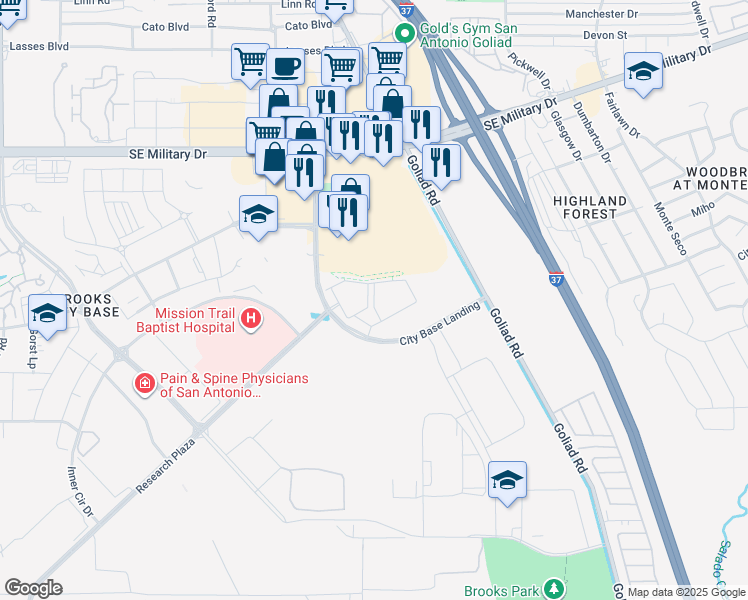 map of restaurants, bars, coffee shops, grocery stores, and more near 7938 City Base Landing in San Antonio