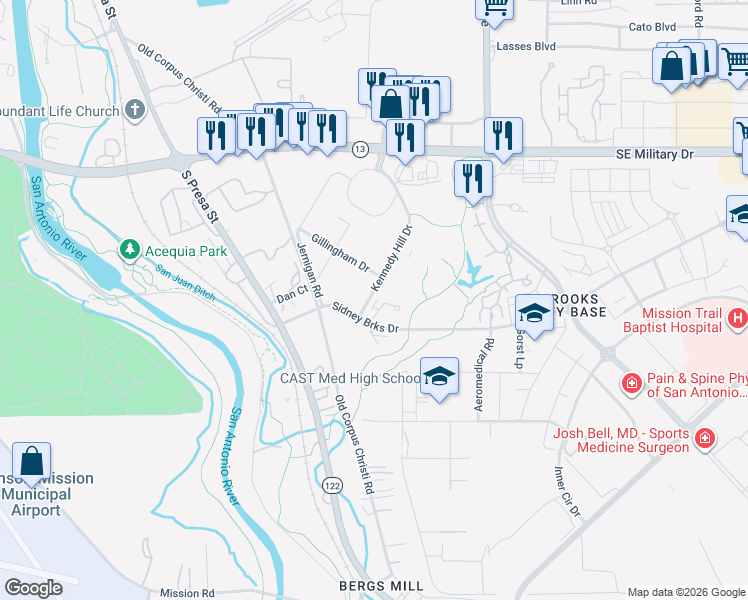map of restaurants, bars, coffee shops, grocery stores, and more near 7901-7999 Dave Erwin Drive in San Antonio