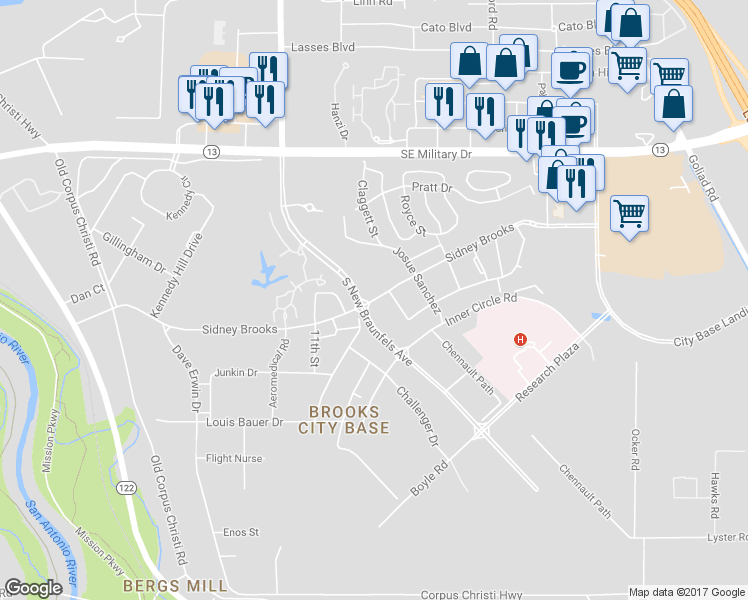 map of restaurants, bars, coffee shops, grocery stores, and more near Sidney Brooks Drive in San Antonio