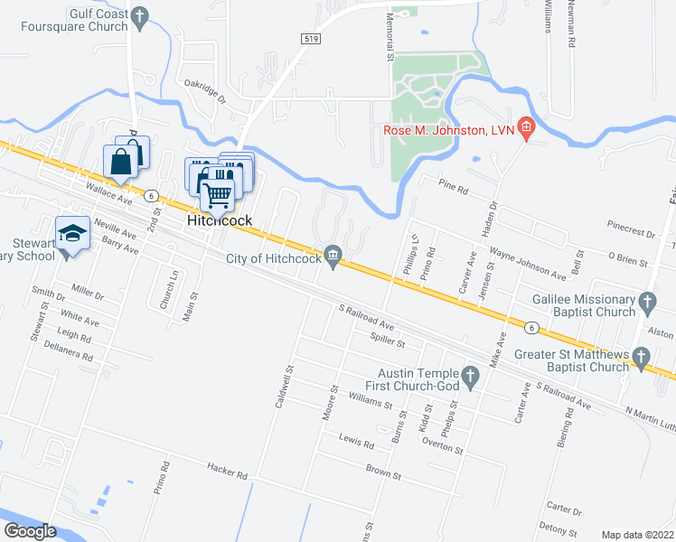 map of restaurants, bars, coffee shops, grocery stores, and more near 7411 Highway 6 in Hitchcock