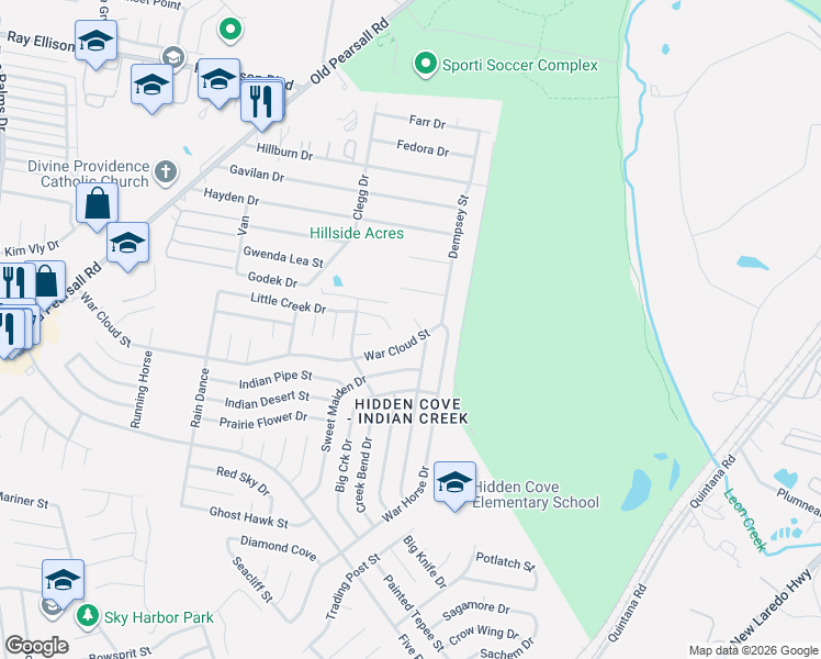 map of restaurants, bars, coffee shops, grocery stores, and more near 5027 War Cloud Street in San Antonio