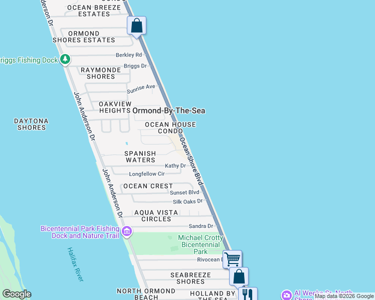 map of restaurants, bars, coffee shops, grocery stores, and more near 2119 Ocean Shore Boulevard in Ormond Beach