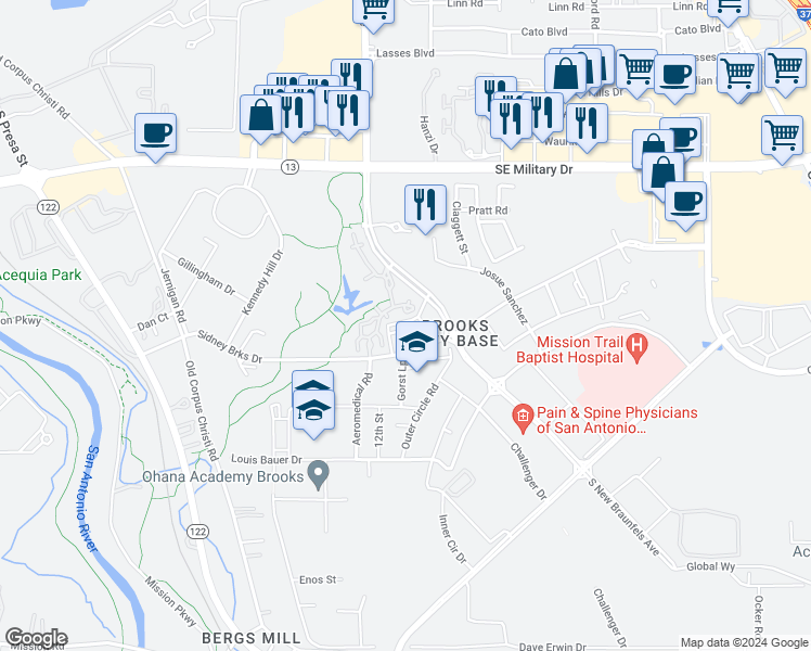 map of restaurants, bars, coffee shops, grocery stores, and more near 7903 South New Braunfels Avenue in San Antonio
