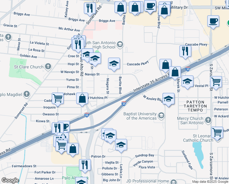 map of restaurants, bars, coffee shops, grocery stores, and more near 2602 Misty Spray Drive in San Antonio