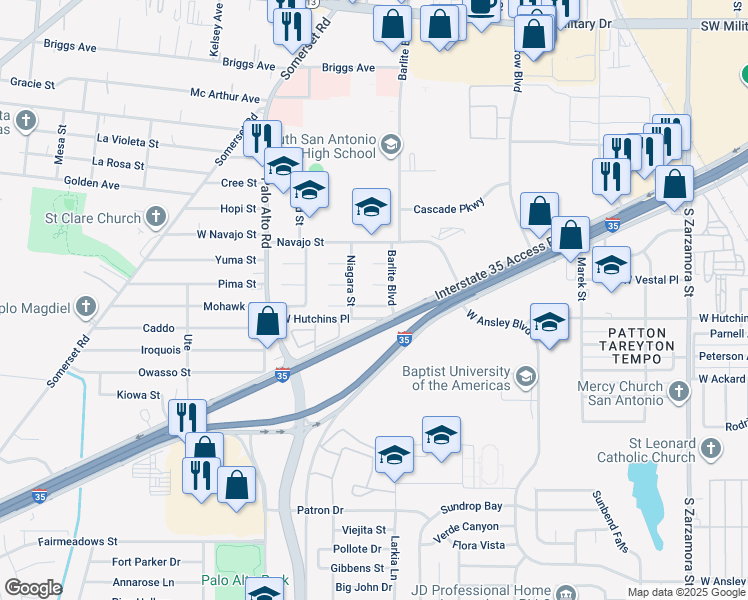 map of restaurants, bars, coffee shops, grocery stores, and more near 2602 Misty Spray Drive in San Antonio