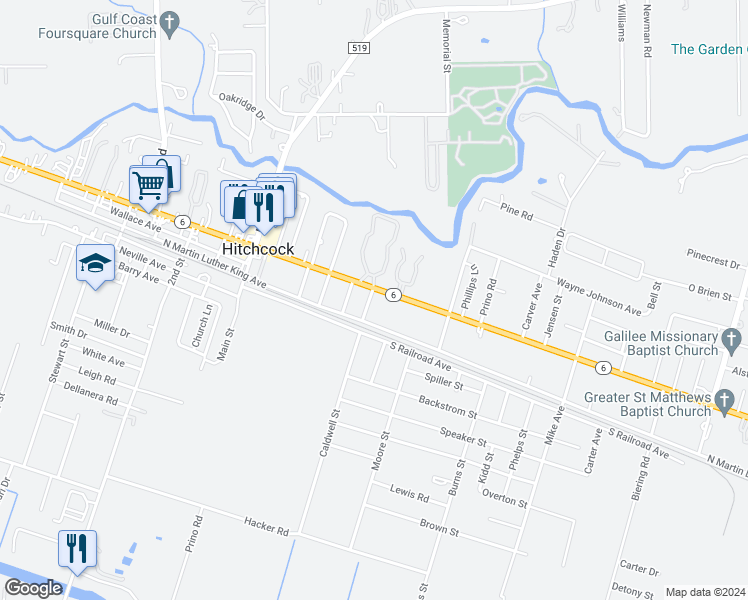 map of restaurants, bars, coffee shops, grocery stores, and more near 7441 Highway 6 in Hitchcock