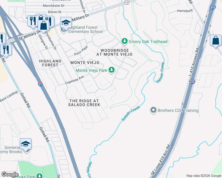 map of restaurants, bars, coffee shops, grocery stores, and more near 3907 Nuttall Oak Drive in San Antonio