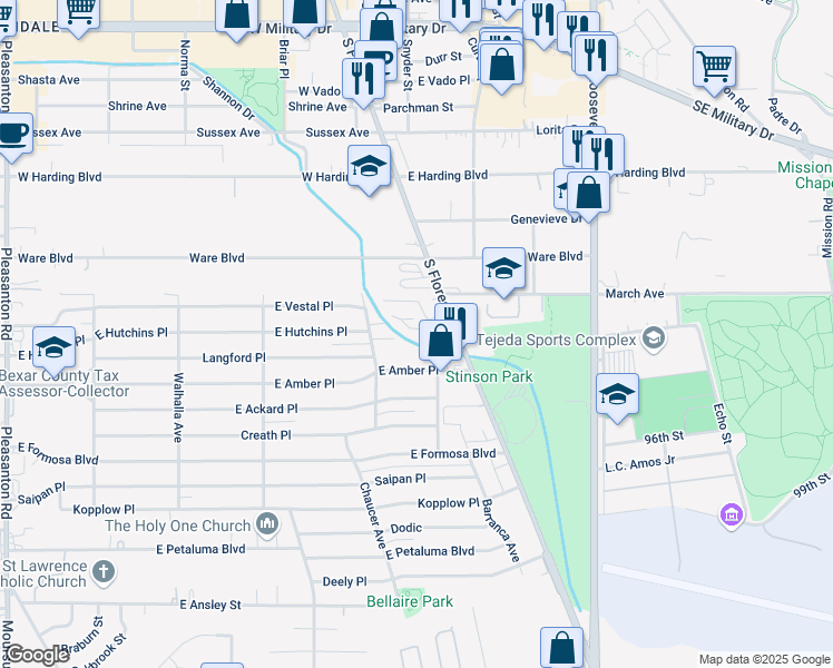 map of restaurants, bars, coffee shops, grocery stores, and more near 523 East Amber Street in San Antonio