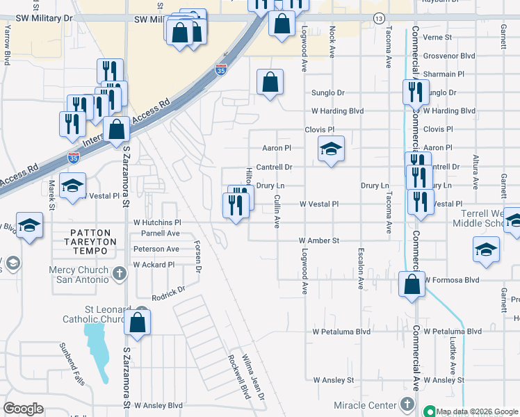 map of restaurants, bars, coffee shops, grocery stores, and more near 1331 West Hutchins Place in San Antonio