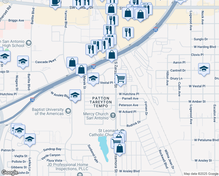 map of restaurants, bars, coffee shops, grocery stores, and more near 8027 South Zarzamora Street in San Antonio