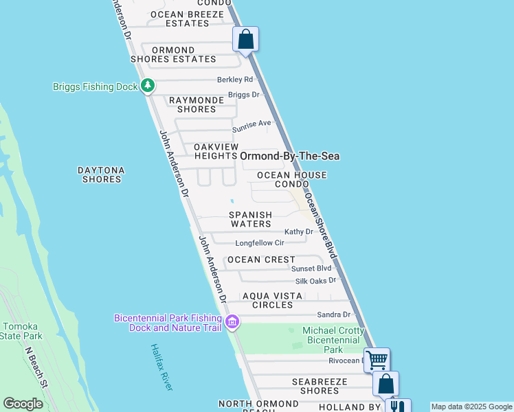 map of restaurants, bars, coffee shops, grocery stores, and more near 27 Spanish Waters Drive in Ormond Beach