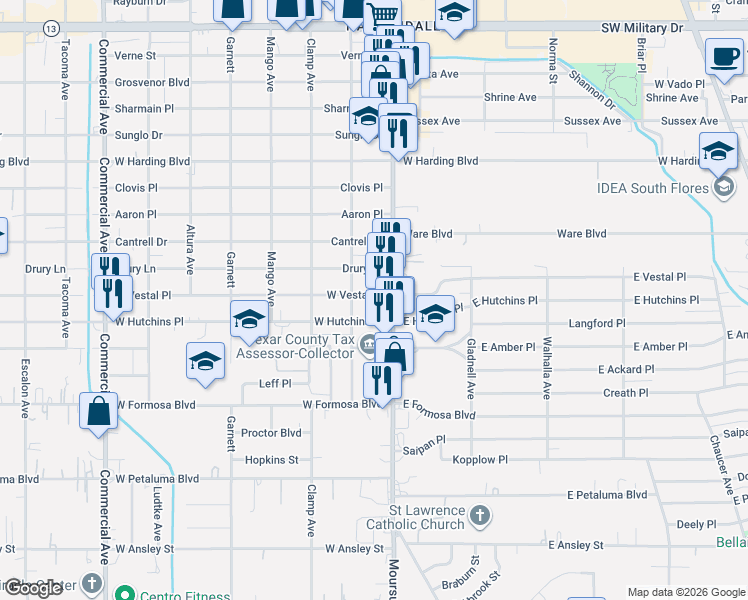 map of restaurants, bars, coffee shops, grocery stores, and more near 127 West Hutchins Place in San Antonio