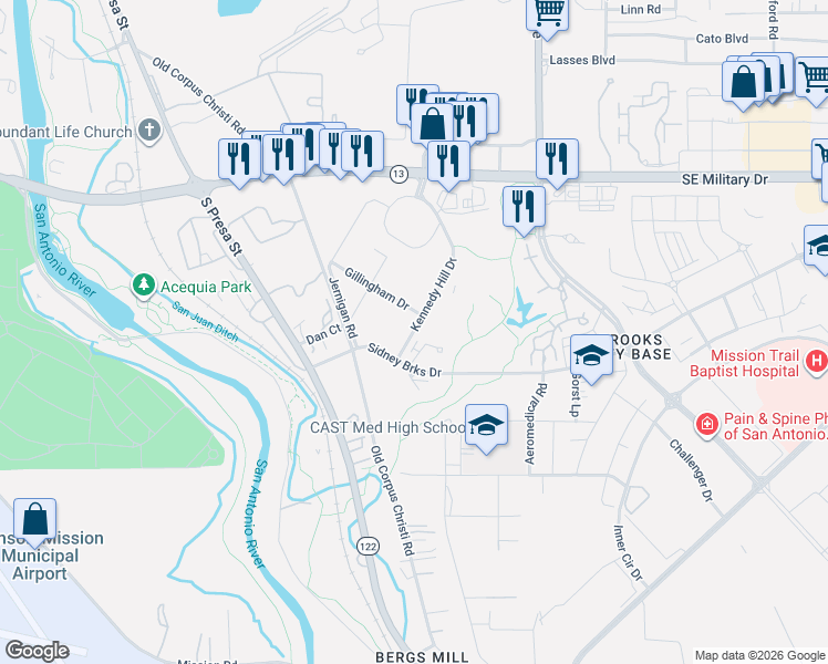 map of restaurants, bars, coffee shops, grocery stores, and more near 7901-7999 Dave Erwin Drive in San Antonio