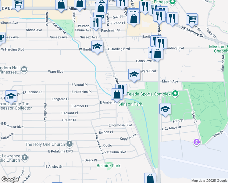map of restaurants, bars, coffee shops, grocery stores, and more near 802 Flame Circle in San Antonio