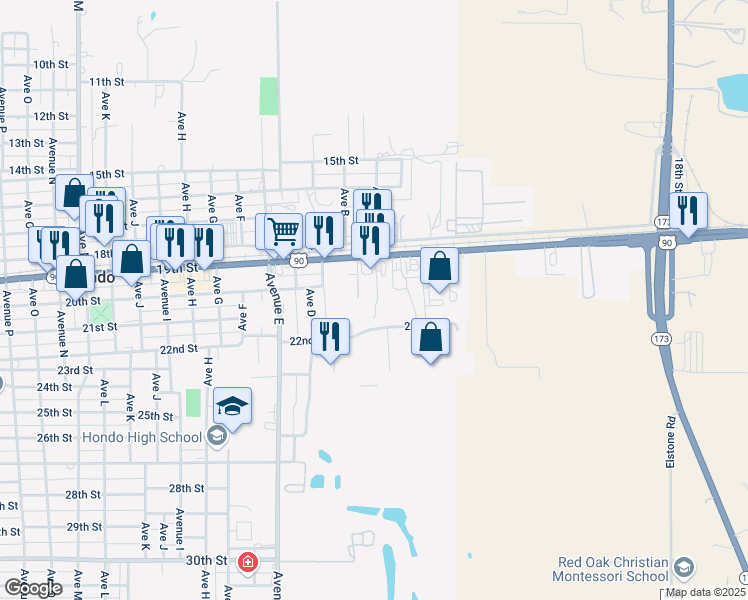 map of restaurants, bars, coffee shops, grocery stores, and more near 231 Stage Coach Drive in Hondo