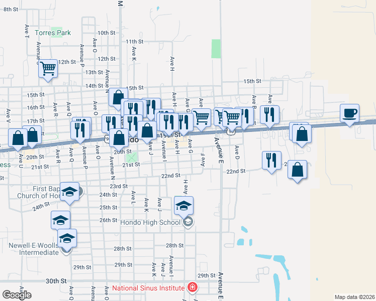 map of restaurants, bars, coffee shops, grocery stores, and more near 708 21st Street in Hondo