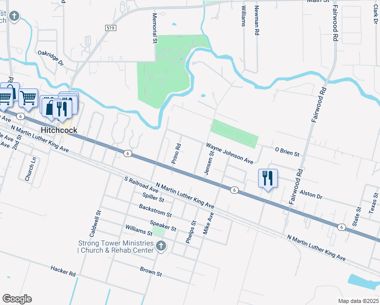 map of restaurants, bars, coffee shops, grocery stores, and more near 6607 Prino Road in Hitchcock