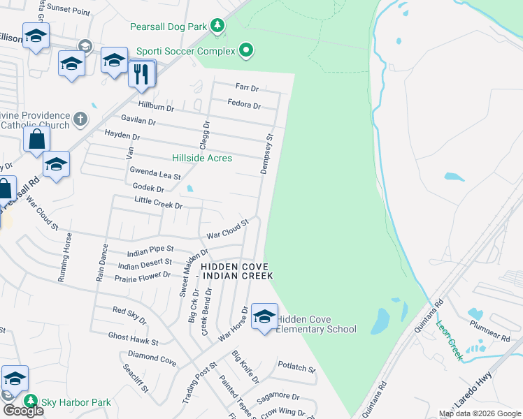 map of restaurants, bars, coffee shops, grocery stores, and more near 4719 War Horse Drive in San Antonio