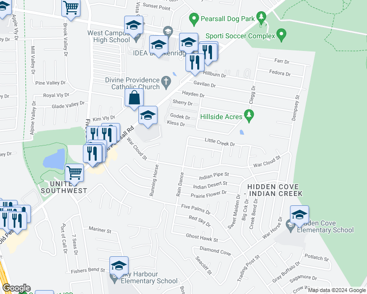 map of restaurants, bars, coffee shops, grocery stores, and more near 8310 Rain Dance in San Antonio