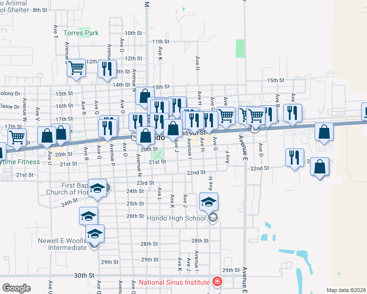 map of restaurants, bars, coffee shops, grocery stores, and more near 2008 Avenue J in Hondo