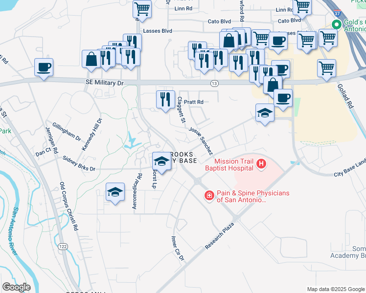 map of restaurants, bars, coffee shops, grocery stores, and more near 7910 South New Braunfels Avenue in San Antonio