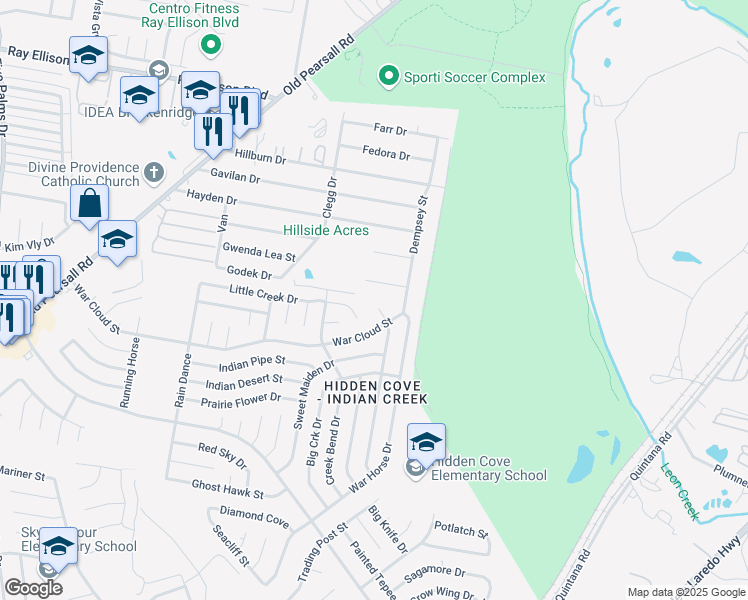 map of restaurants, bars, coffee shops, grocery stores, and more near 8202 Tesoro Hills in San Antonio