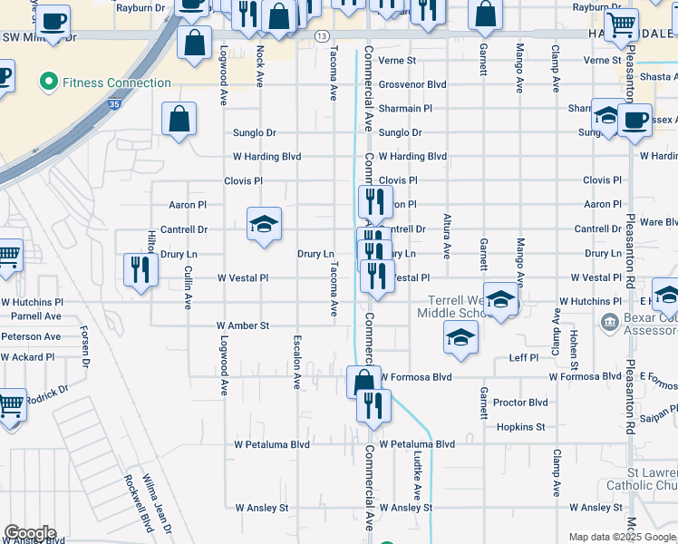map of restaurants, bars, coffee shops, grocery stores, and more near 822 Drury Lane in San Antonio