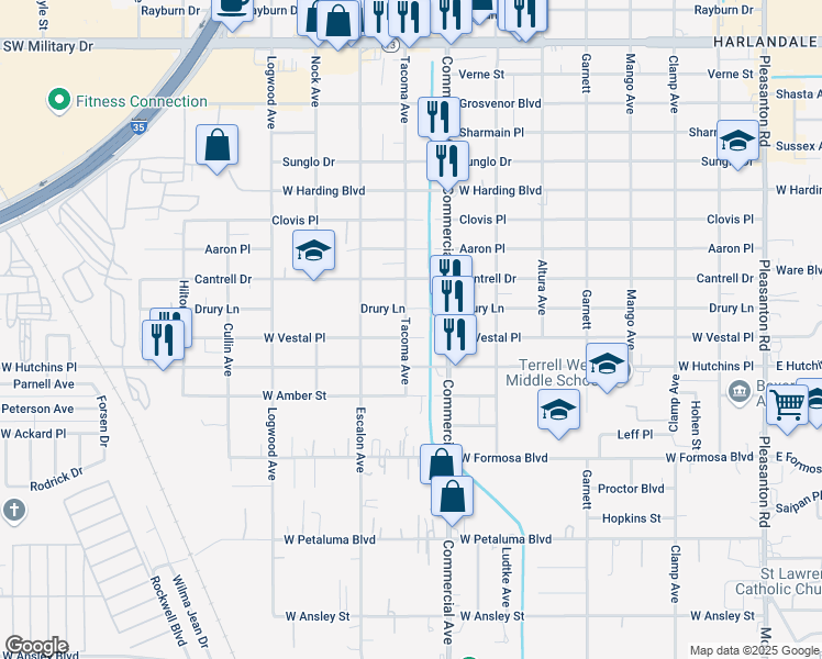 map of restaurants, bars, coffee shops, grocery stores, and more near 822 Drury Lane in San Antonio
