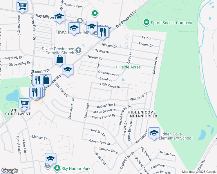 map of restaurants, bars, coffee shops, grocery stores, and more near 5407 Little Creek Drive in San Antonio