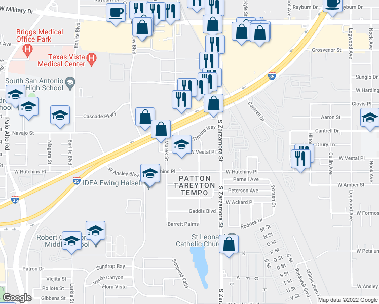 map of restaurants, bars, coffee shops, grocery stores, and more near 1715 West Vestal Place in San Antonio