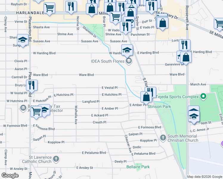 map of restaurants, bars, coffee shops, grocery stores, and more near 455 East Vestal Place in San Antonio