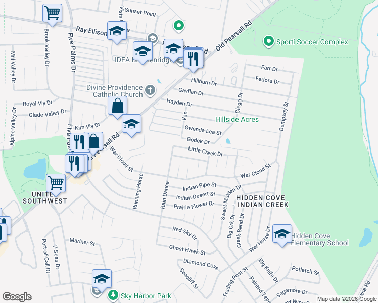 map of restaurants, bars, coffee shops, grocery stores, and more near 5503 Little Creek Drive in San Antonio