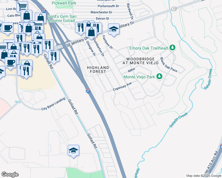 map of restaurants, bars, coffee shops, grocery stores, and more near 7818 Glasgow Drive in San Antonio