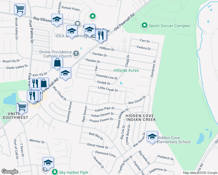map of restaurants, bars, coffee shops, grocery stores, and more near 5407 Little Creek Drive in San Antonio