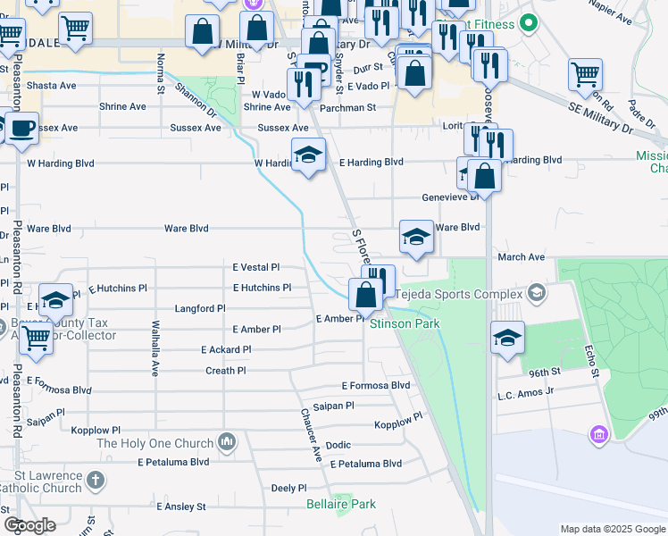 map of restaurants, bars, coffee shops, grocery stores, and more near 807 Flame Circle in San Antonio