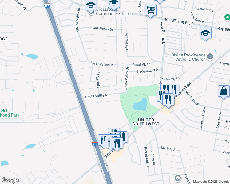 map of restaurants, bars, coffee shops, grocery stores, and more near 6107 Bright Valley Drive in San Antonio