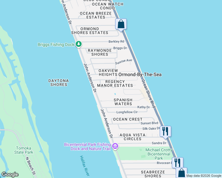 map of restaurants, bars, coffee shops, grocery stores, and more near 16 East Sovereign Lane in Ormond Beach