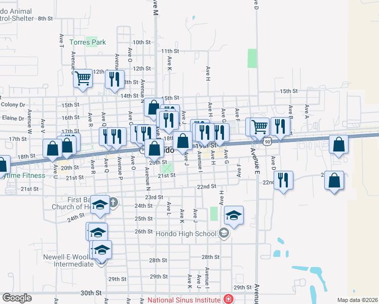 map of restaurants, bars, coffee shops, grocery stores, and more near 1903 Avenue J in Hondo