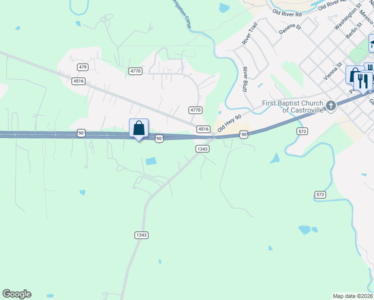 map of restaurants, bars, coffee shops, grocery stores, and more near 226 Farm to Market Road 1343 in Castroville
