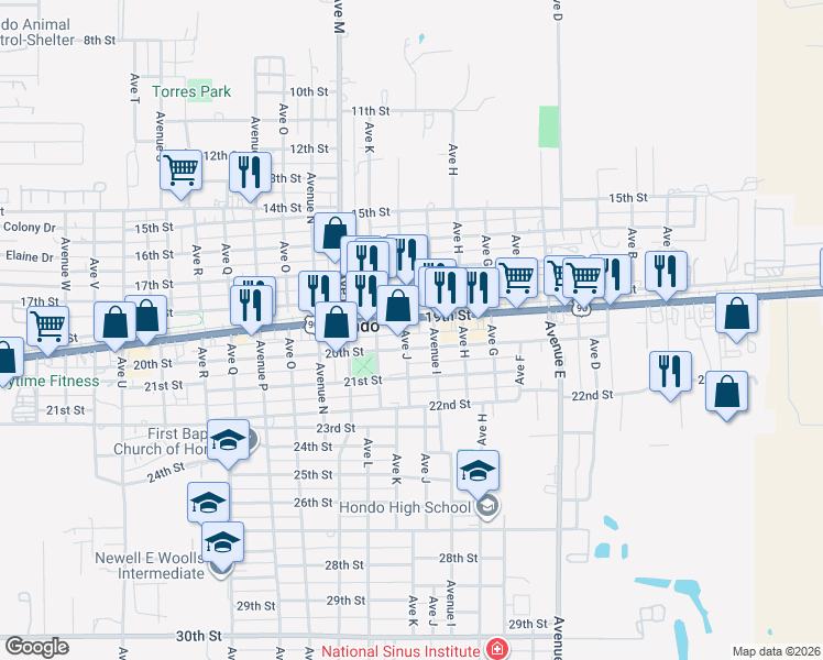 map of restaurants, bars, coffee shops, grocery stores, and more near 1903 Avenue J in Hondo