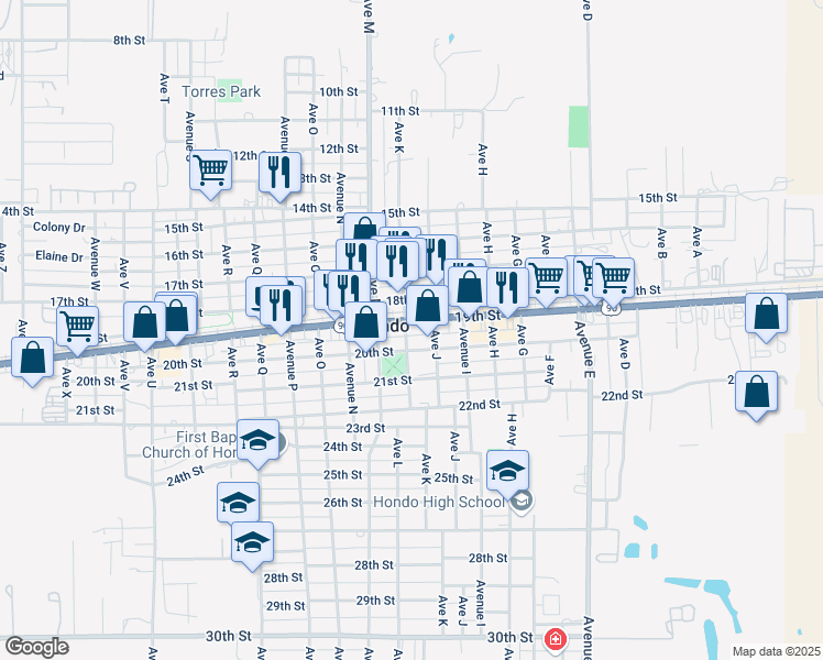 map of restaurants, bars, coffee shops, grocery stores, and more near in Hondo