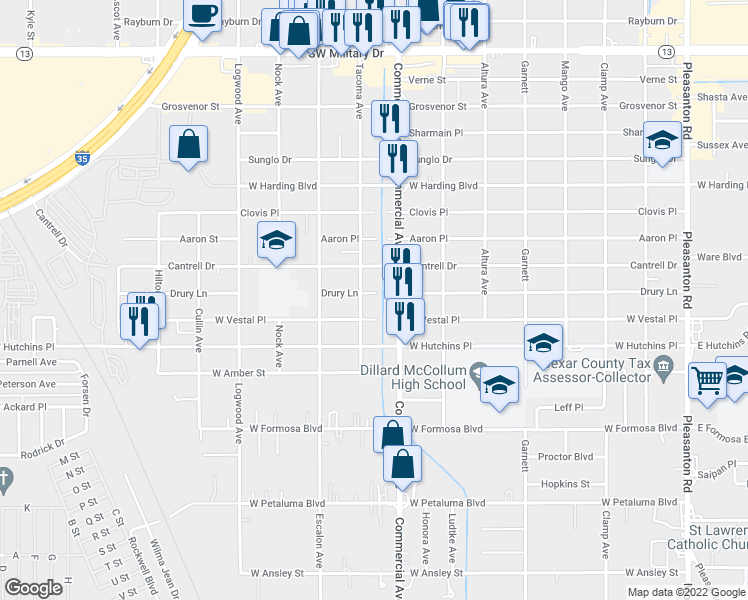 map of restaurants, bars, coffee shops, grocery stores, and more near 822 Drury Lane in San Antonio
