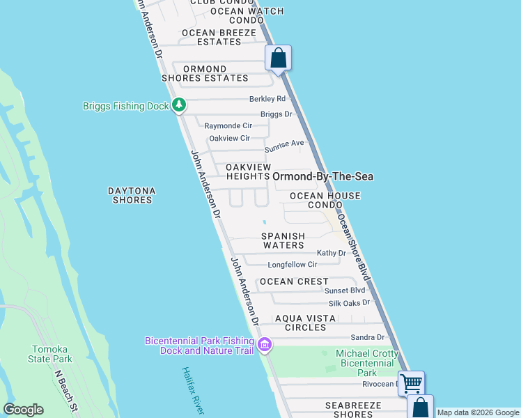 map of restaurants, bars, coffee shops, grocery stores, and more near 16 East Sovereign Lane in Ormond Beach