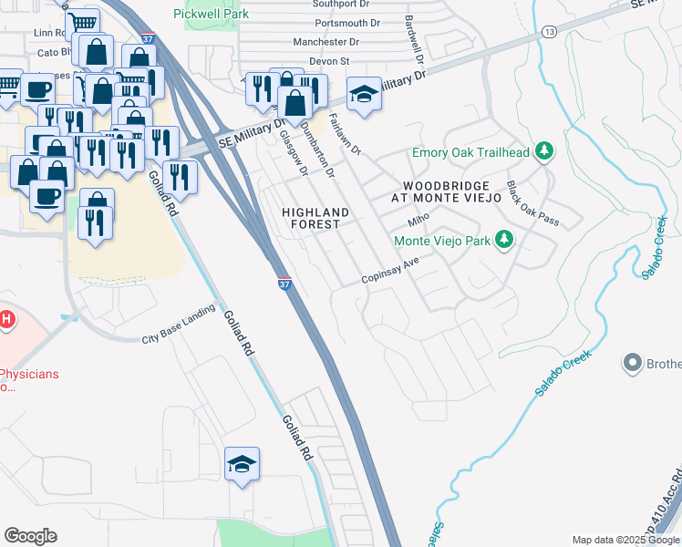 map of restaurants, bars, coffee shops, grocery stores, and more near 7813 Shetland Drive in San Antonio