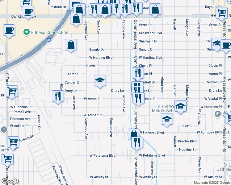 map of restaurants, bars, coffee shops, grocery stores, and more near 914 Drury Lane in San Antonio