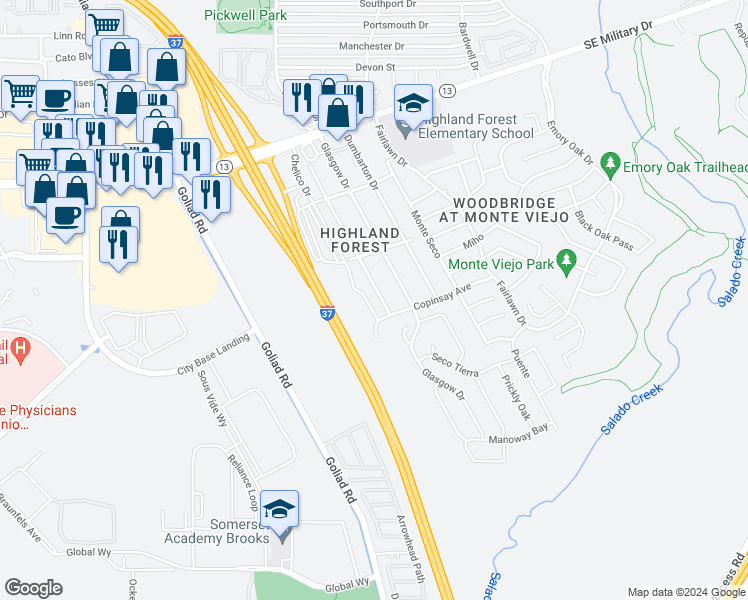 map of restaurants, bars, coffee shops, grocery stores, and more near 7813 Shetland Drive in San Antonio