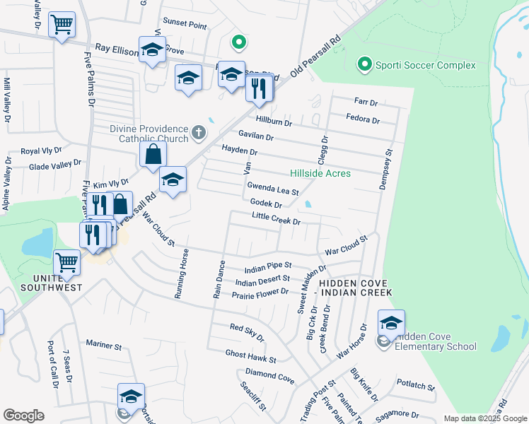 map of restaurants, bars, coffee shops, grocery stores, and more near 5427 Little Creek Drive in San Antonio