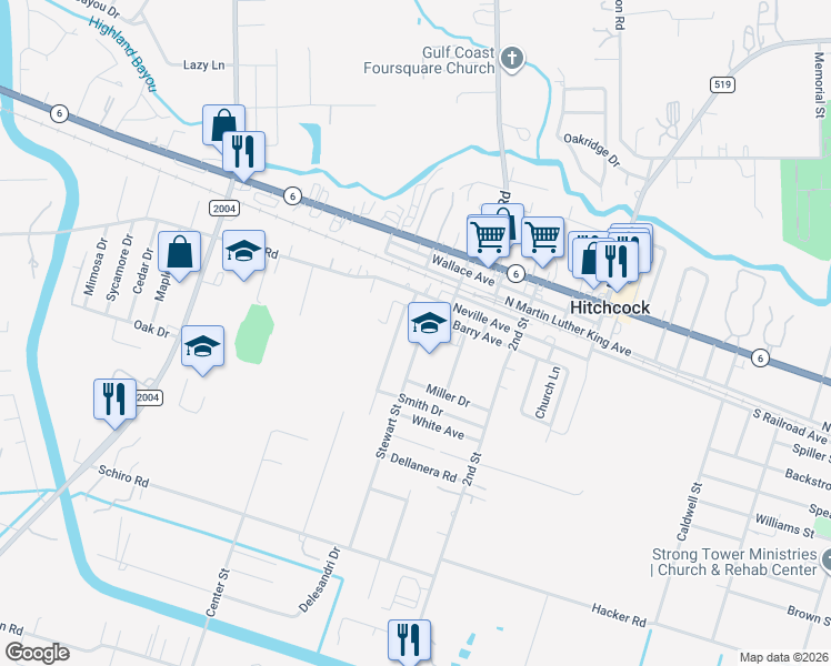 map of restaurants, bars, coffee shops, grocery stores, and more near 7010 Stewart Street in Hitchcock