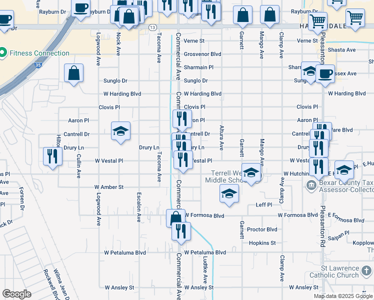 map of restaurants, bars, coffee shops, grocery stores, and more near 726 Drury Lane in San Antonio