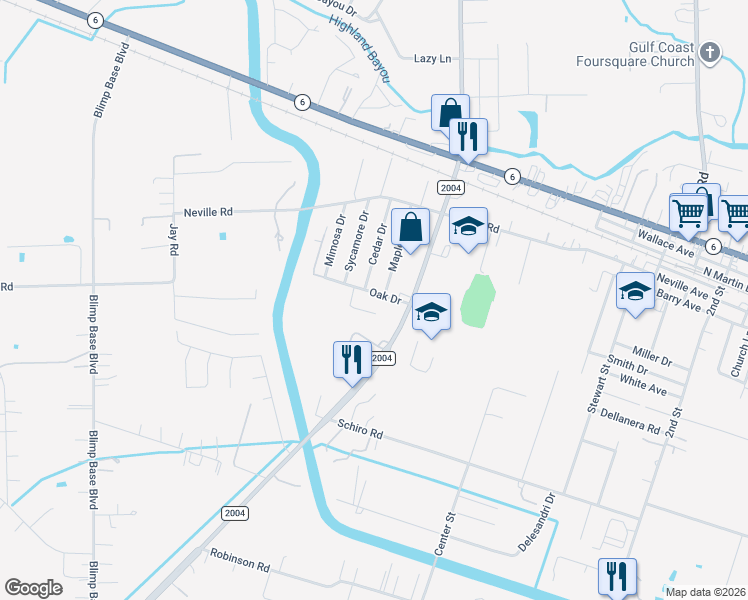 map of restaurants, bars, coffee shops, grocery stores, and more near 1237 Oak Drive in Hitchcock